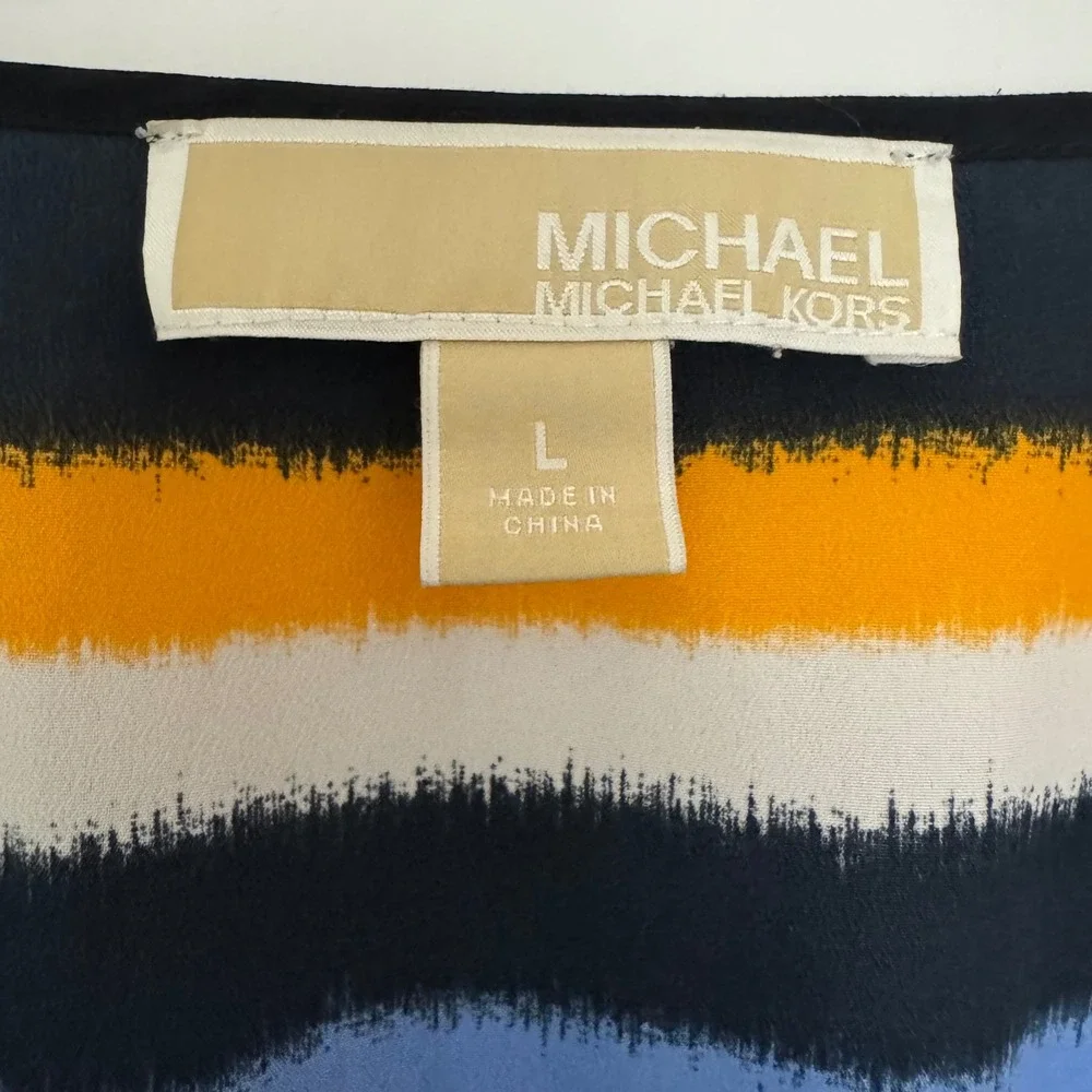 Michael Kors Womens Blue Orange Striped V-Neck Kaftan Empire Waist Top‎ Large